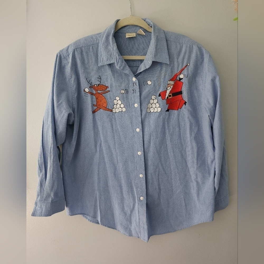 Falls Creek Vtg Christmas Button Up Shirt Santa Reindeer Snowfight 18W